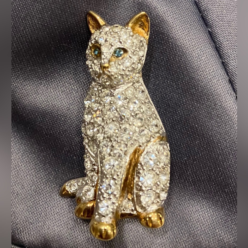 Carolee Vintage Rhinestone Cat Brooch | Gold Tone Crystal Figural Pin